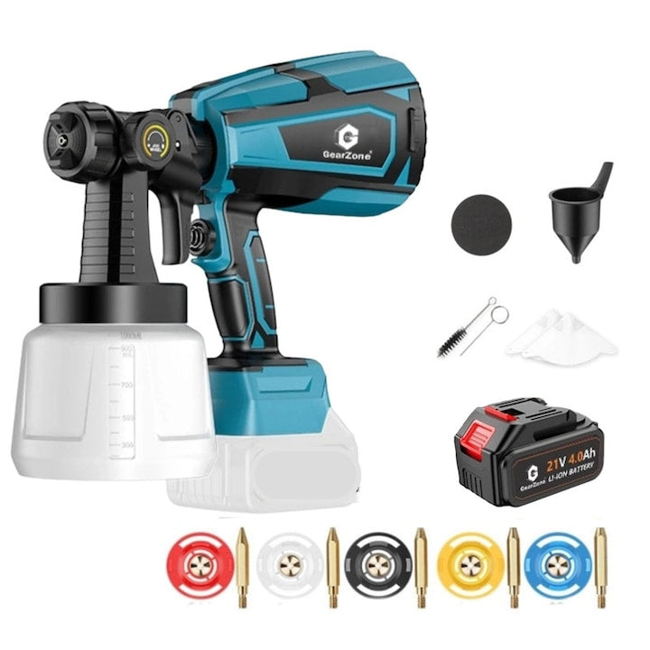 Kitul pistol electric de vopsit prin pulverizare Walalla include 5 duze de cupru o sticla de vopsea de 1000 ml 3 moduri de pulverizare si un debit de 0-1200 ml/min. Potrivit pentru mobilier de interior si exterior garduri pereti si proiecte DIY