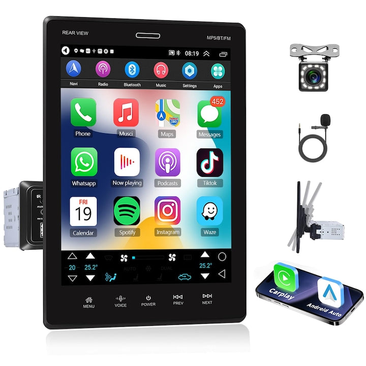 Stereo pentru masina cu ecran tactil single Din Apple Carplay radio auto detasabil vertical de 9 5 inchi cu radio FM Bluetooth Mirror Link Intrare TF/USB/AUX Player multimedia auto si camera de rezerva WALALLA
