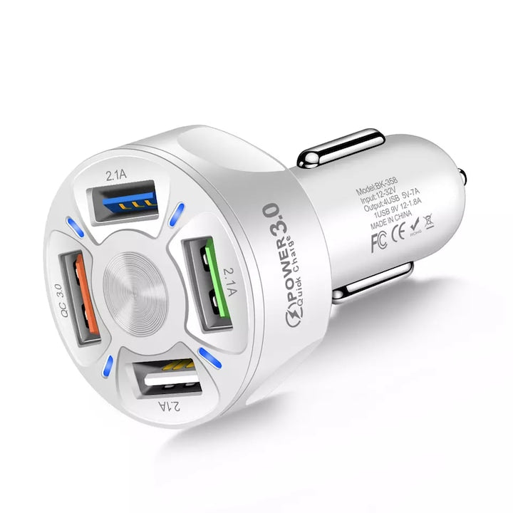 Car Charger 20W-35W super fast charge QC3.0/PD 4 USB ports amperage/ports 9V/2A 5V/3A 12V/1.67A 5V/7A overload protection overheating protection voltage 12-32V dimensions 70x40mm flame-retardant material Android/Apple compatible phone/tablet White