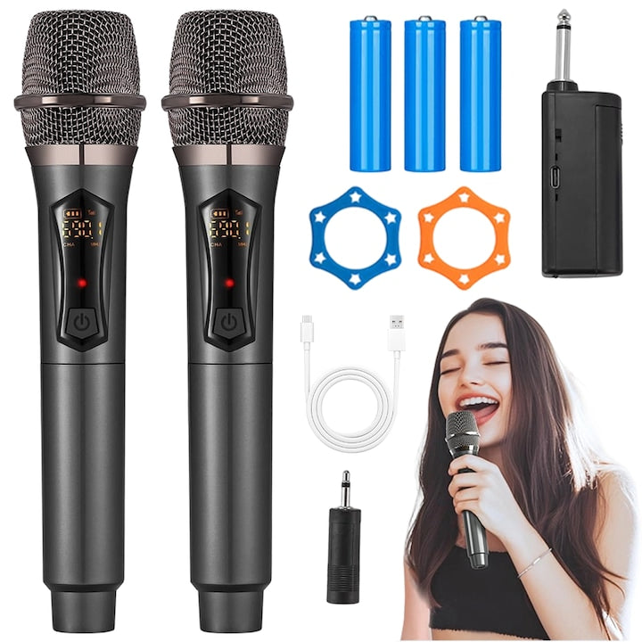 2.4G Wireless Microphone Dual Dynamic Metallic Microphone System with Rechargeable Receiver for Karaoke Party, Voice Amplifier, PA System, Singing Machine, Church, Wedding, Meeting