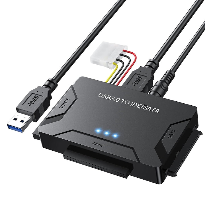 Adaptor USB 3.0 la SATA si IDE cu intrerupator alimentare suport HDD/SSD 2.5''/3.5'' compatibil Windows XP/Vista/7/8/10 OUYLAF Negru
