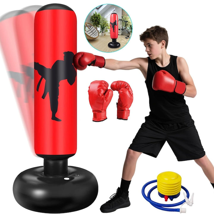160 cm Freestanding Punching Bag Inflatable Punching Bag for Kids Column Sandbag Freestanding with Free Foot Air Pump for MMA Muay Thai Training and Home Fitness