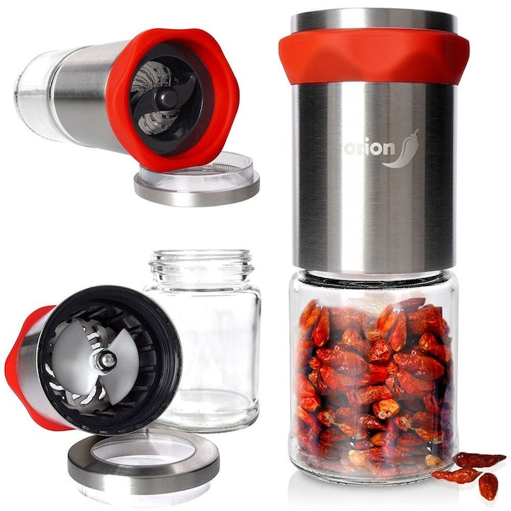 Macinator Pentru Ardei Iute Orion 14x5.5 cm Macinator Manual Pentru Condimente Si Ierburi Mecanism De Macinare Din Otel Inoxidabil Recipient Din Sticla Utilizare Usoara Transparent