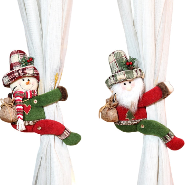 Set de 2 papusi de Craciun Fantasy Butoni decorativi pentru perdele Mos Craciun si omul de zapada Papusa ornament Fantasy 30x28cm Decoratiuni de Craciun decor pentru casa de vacanta petreceri festive rosu/verde