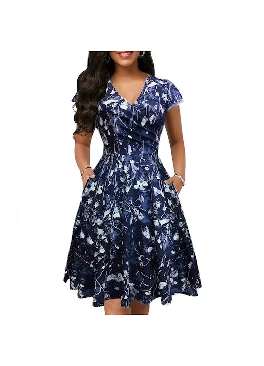 JALWO - Women's dress, plus size, short sleeve, printed, elegant, V-neck, dark blue, Dark Blue 12 installments with 0% interest