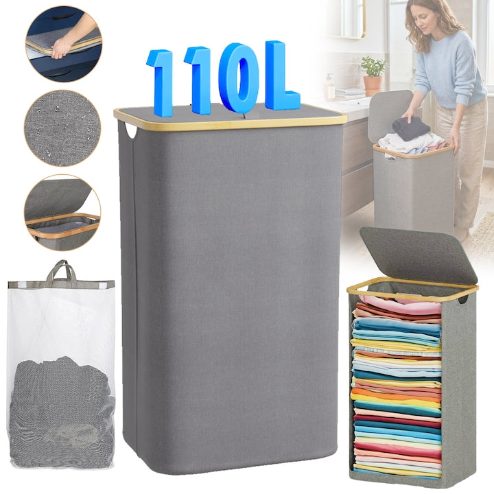 Bamboo laundry basket, 110L tall laundry hamper with bamboo handles for clothes and toys, foldable laundry basket with inner bag for bedroom and bathroom, silver grey