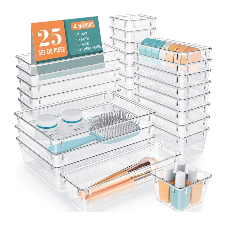 Set 25 Cutii Depozitare Rqiurpn Organizator Pentru Bucatarie si Baie 4 Dimensiuni Organizatoare Dulap Sertare Cutie Pentrui Sertar Frigider Camara Baies Bar Birou Cos Multifunctional Separator Legume Fructe Creme Parfumuri Plastic Acrilic