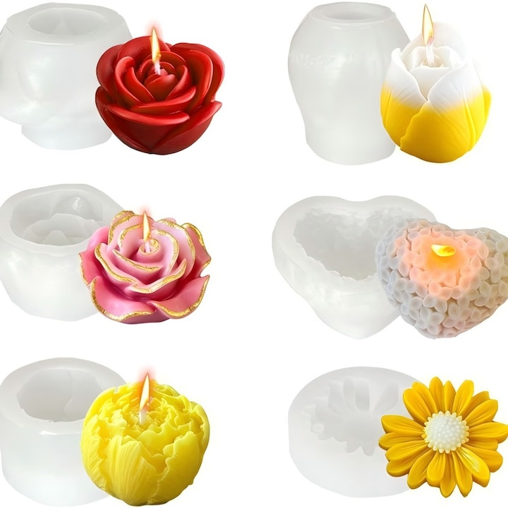 Set of 6 Silicone Molds for Candles and Soaps, Hearts and Flowers, Easy to Demold, Resistant to Deformation and Wear, Non-Toxic, Odorless