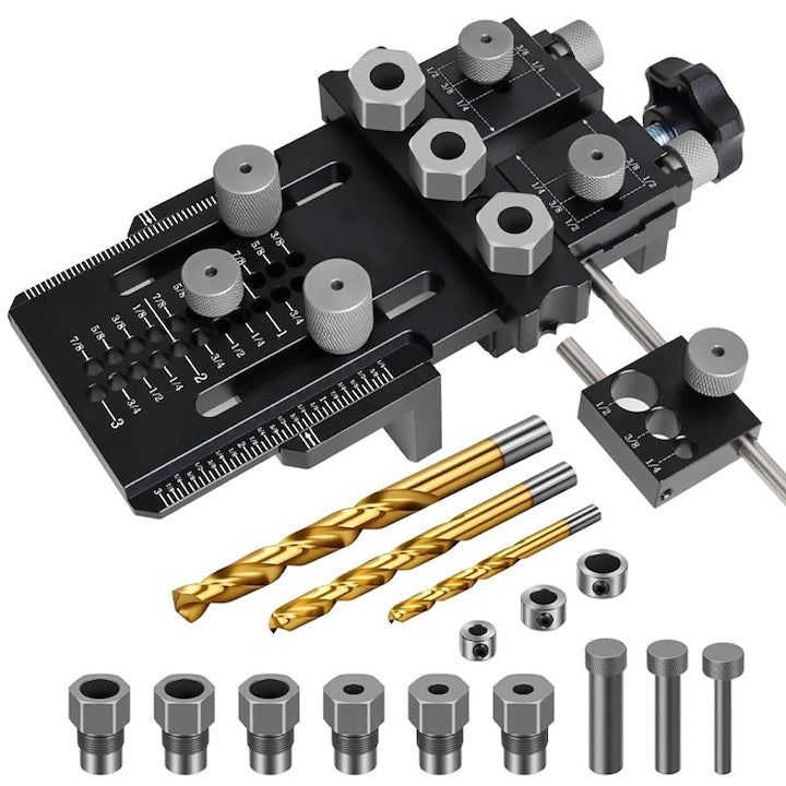 Omelivon Dowel Jig Set with Quick Stop and Clamp, Adjustable Drilling Guide, Woodworking Accessories, Adjustable Dowel Jig for 1/4, 3/8 and 1/2 inch Drills, Suitable for Wood Joints of Any Thickness, Black