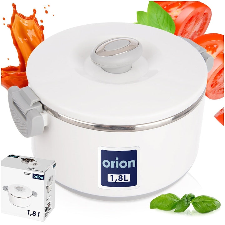 Termos Pentru Mancare Orion Seria Termo Rotunda 1.6 L Capacitate Si 21.5x18x13 cm Alb Cu Detalii Gri Otel Inoxidabil Si Plastic Premium Pereti Dubli Pentru Izolare Termica Mentine Alimentele Calde Sau Reci Tip Lunchbox Cu Maner