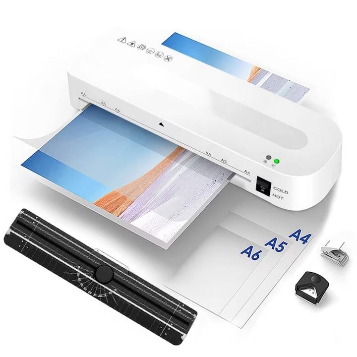 Set laminator laminare la cald si la rece 28cm/min cu incalzire rapida dispozitiv de taiere a hartiei perforator pentru colturi rotunjite WALALLA alb A4