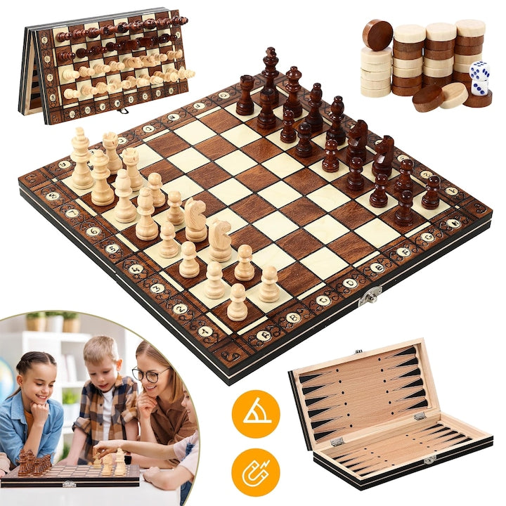 3-in-1 Chess and Checkers Set, Magnetic Wooden Chess Board for Adults and Kids, Foldable Travel Chess Set, Chess Gift for Boys and Girls, Educational Toys for 2 Players