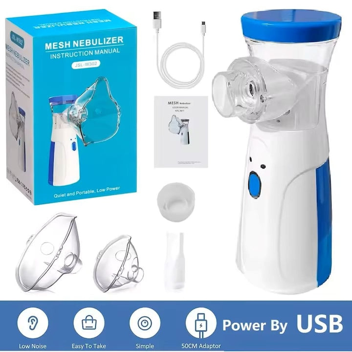 Nebulizator portabil alb-albastru cu tehnologie Mesh set cu masti pentru adulti si copii