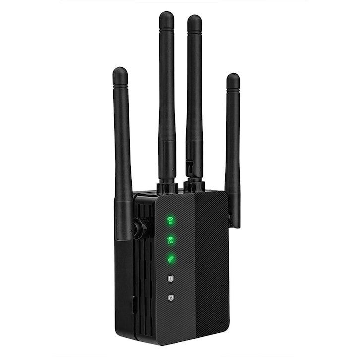 Amplificator Semnal Wireless Omevilon Extender Wi-Fi 802.11ac/b/g/n Benzi 2.4GHz si 5Ghz Viteza 1200Mbps Mod Acces Point 4 Antene Compatibil Universal Doua Sloturi WAN si LAN Negru
