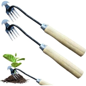Unealta manuala pentru buruieni 4 dinti otel inoxidabil maner lemn 40cm