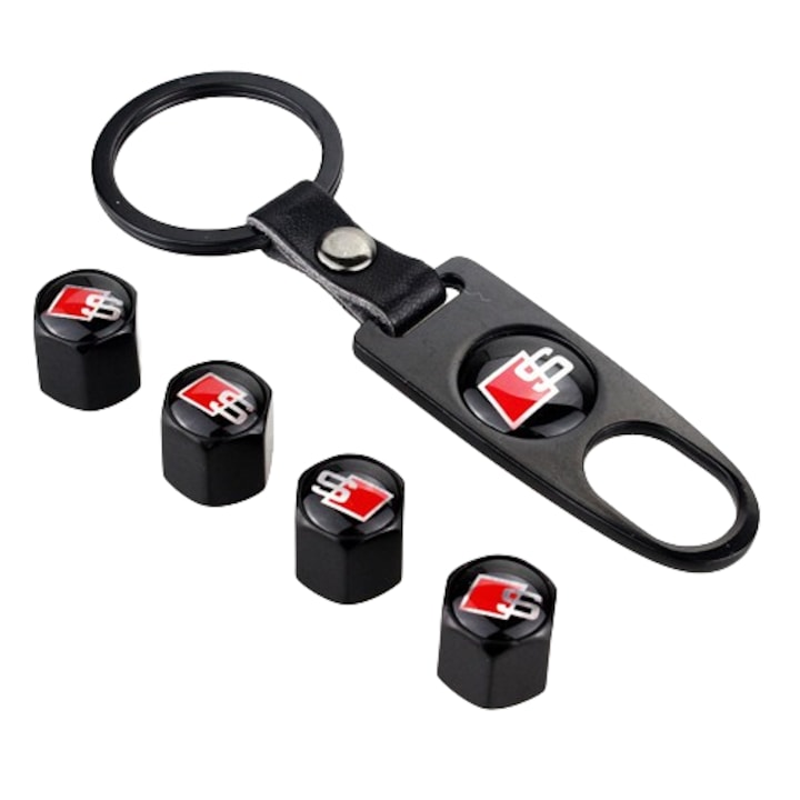 Car keyring + 4 tire valve caps with S LINE logo for S3 S4 S5 RS3 RS4 RS5 Audi Stainless steel Black