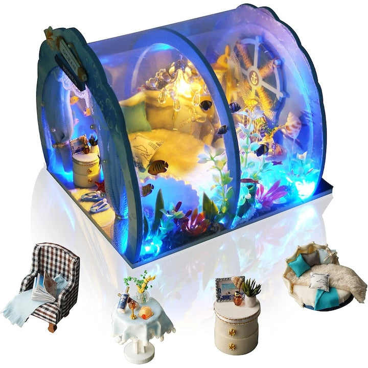 WALALLA 1:24 Dollhouse Miniature Kit with Furniture, 18x16x4.5cm, Cosmic Blue, for ages 14+