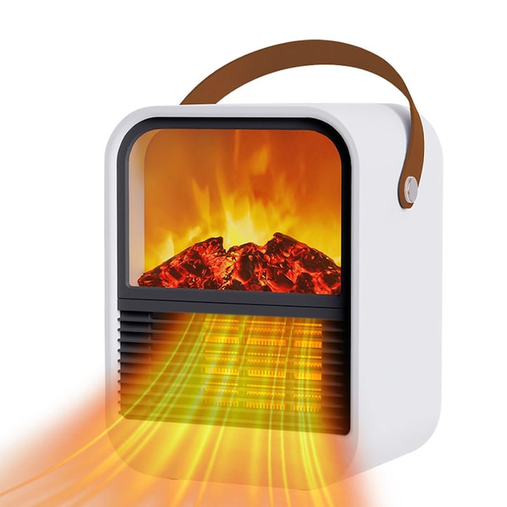Aeroterma Electrica Mini Omelivon Portabila 650/1000W Flacari 3D Ceramica PTC 2 Trepte Compact Ideal pentru Birou Dormitor Casa Alb