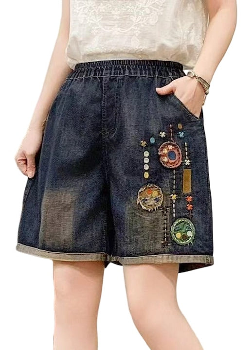 Pantaloni scurti dama stil retro etnic detalii brodate talie elastica denim A29 M INTL