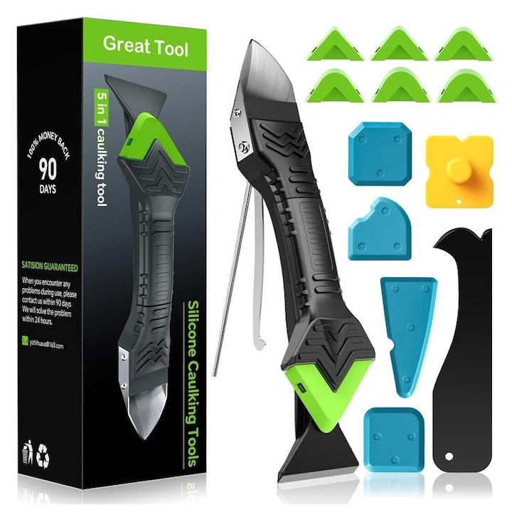 Kit profesional 5 in 1 pentru rosturi inclusiv racleta si instrument de indepartare a rosturilor pentru umplere finisare netezire si aplicarea siliconului sau mortarului. Potrivit pentru renovari si lucrari casnice. Negru 19 cm