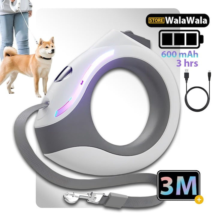 Lesa retractabila pentru caini 3 m cu lumina LED de noapte si buton de blocare de siguranta baterie de 600 mAh cu autonomie de pana la 3 ore incarcare rapida USB-C rezistenta pana la 80 kg ideala pentru orice tip de animal de companie Alb
