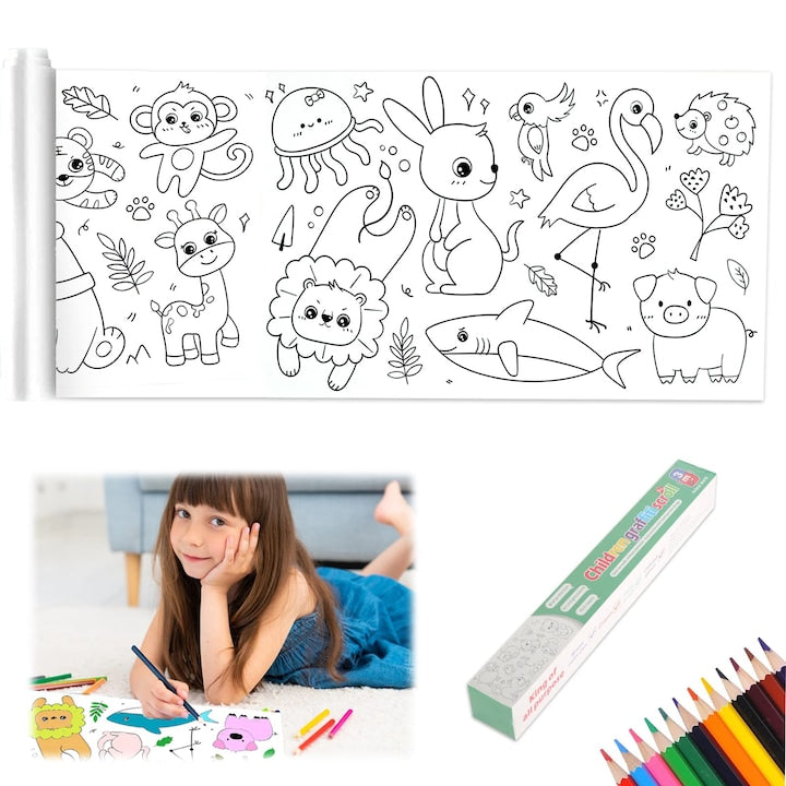 Rola de hartie auto-adeziva si decupabil cu 12 creioane pentru desenat si colorat Usor de lipit pentru copii poate fi lipita pe perete mobilier 30x300cm YQLAFT alb