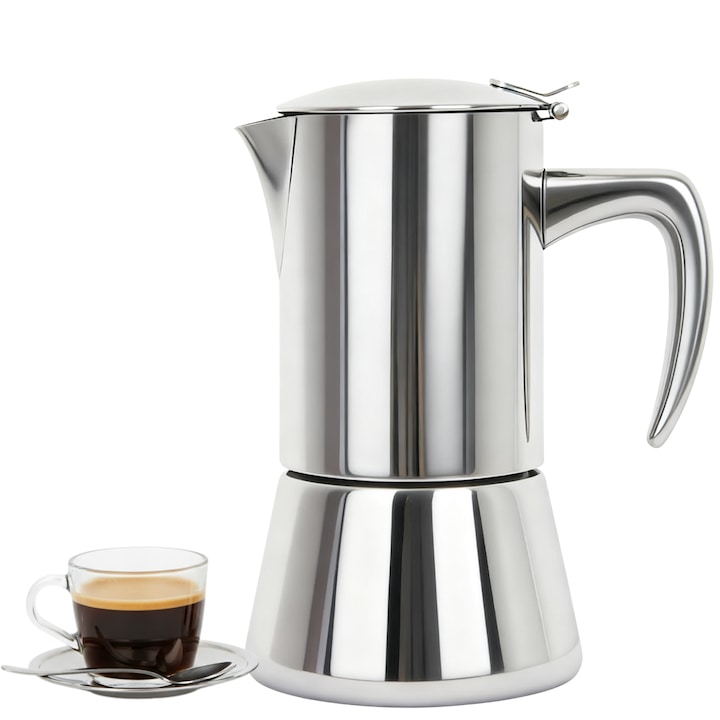 Moka Pot Coffee Maker 200ml (4 cups) premium 304/430 stainless steel induction and gas compatible octagonal mirror silver design moka coffee maker for home espresso