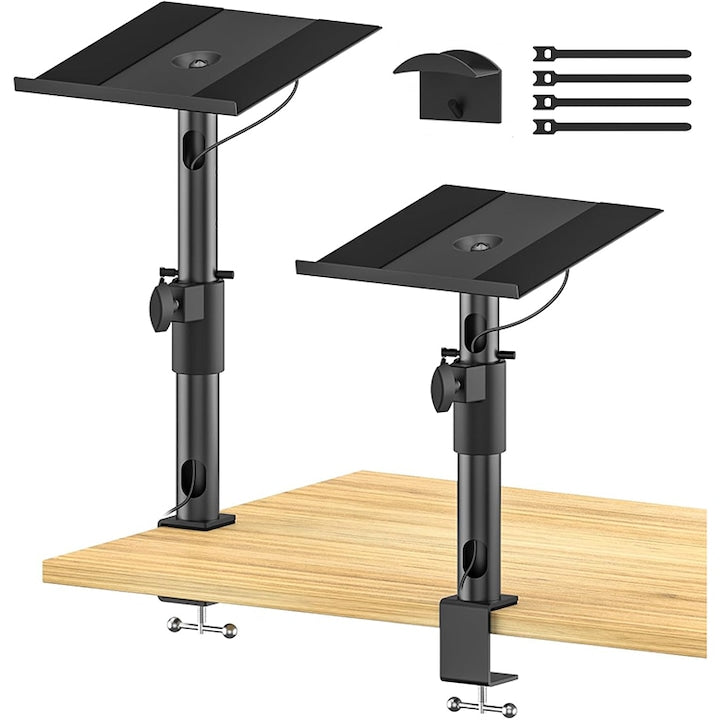 Set of 2 Speaker Stands, Rqiurpn, Desk Clamp Mount, Adjustable Holder with Cable Organizer, 360° Rotation, +/- 15° Tilt, Anti-slip Speaker Base, Black