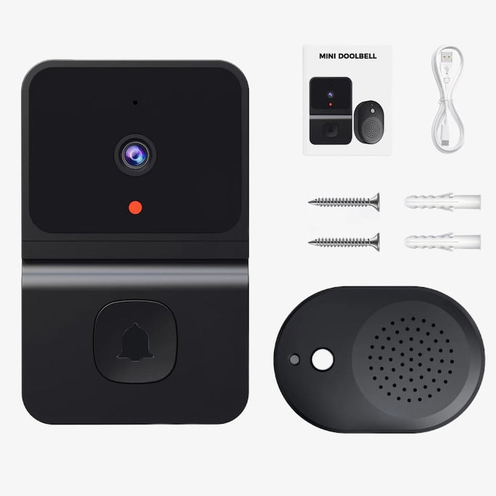 "Sonerie wireless cu camera video Monitor de la distanta Cu microfon bidirectional 1 Transmitator/1 Receptoare Baterii Reincarcabile pentru Usa/Poarta Semnal Puternic Plastic Usor de instalat si utilizat 1.79*3.17inch Negru "