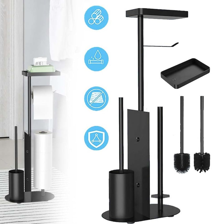 Suport de baie CHOOLY pentru hartie igienica si perie otel inoxidabil negru 64 7x26x15cm set 4 role