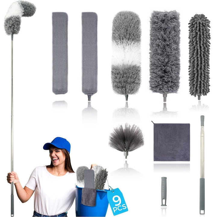 Stergator de geamuri Profesional 9 in 1 Morovan,Pol de Extensie 100" Capete Flexibile Microfibra Reutilizabile,capete flexibile pentru curatarea colturilor greu accesibile