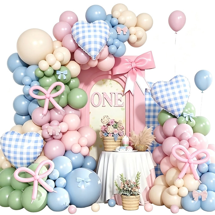 Set Arcada Baloane Petrecere Inimi Fundita 125 Piese Macaron Roz Albastru Galben Verde - Inimi Carouri + Baloane Latex + Lant Arcada Potrivit Aniversare Botez Nunta