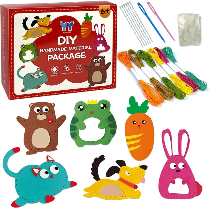 Set de cusut papusi AjieQaQ 6 papusi din fetru multicolor pentru copii 6-9 ani