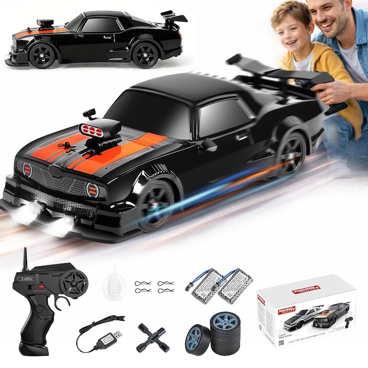 RC Remote Control Car AYCYKD Drift Car 20km/h with LED Lights and Spray 2 Rechargeable Batteries Included Toy For Kids 7 years+ and Adults 1:16 Black/Orange