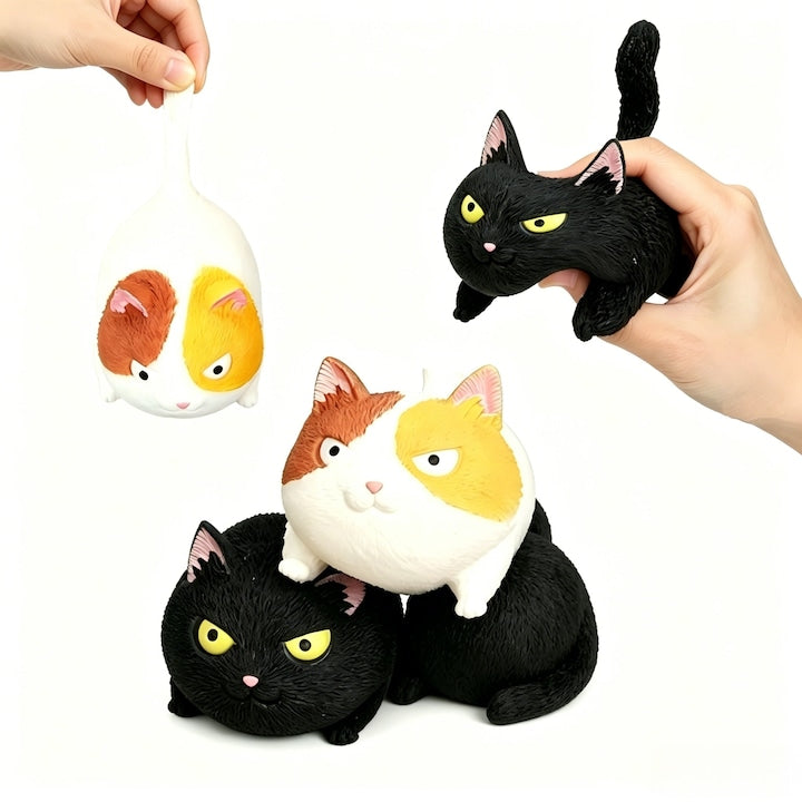 Set of 2 Kawaii Squishy Cat Anti-Stress Toys - Fluffy Cats (White with Brown-Yellow Black) Soft to Squeeze Ideal Gift for Children