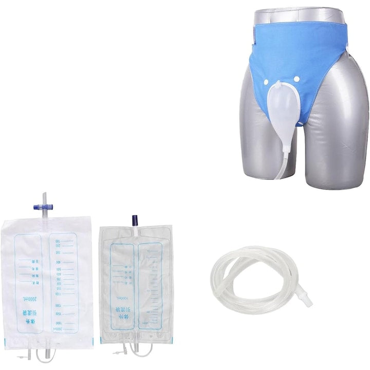 Set incontinenta urinara atrofic sonda urinara pentru seniori din silicon cu 2 pungi urinare sterile si furtun evacuare incluse cu prindere ajustabila Barbat Albastru/Transparent
