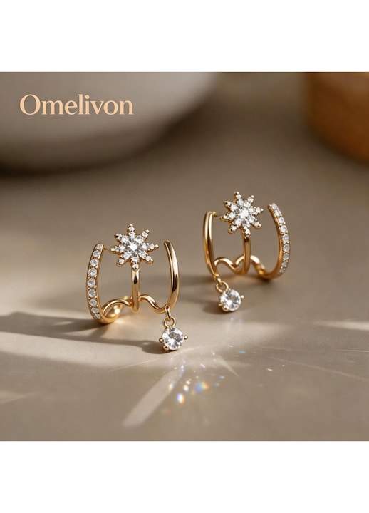 Omelivon - 24K Gold Plated Eight-Pointed Star Earrings, a Timeless Classic, Golden