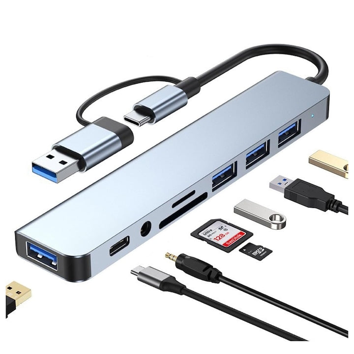 Hub USB 8 in 1 aluminiu USB 3.0 si Type-C cititor carduri TF/SD jack audio 3.5 mm 5 Gbps/480 Mbps compatibil MacBook si PC OUYLAF Argintiu