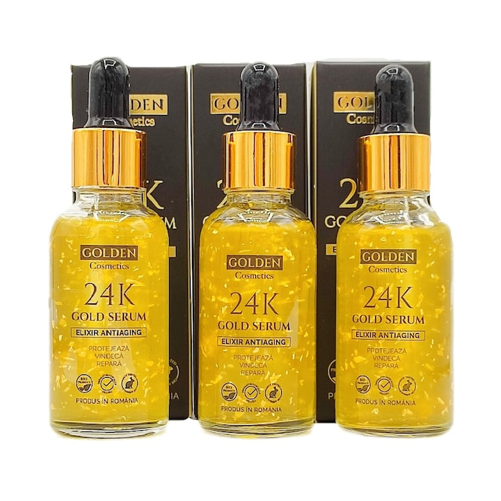 Set 3 Sticle Ser Antirid cu Aur 24K si Acid Hialuronic ser concentrat anti-rid si anti-imbatranire 30 ml/buc Golden Cosmetics