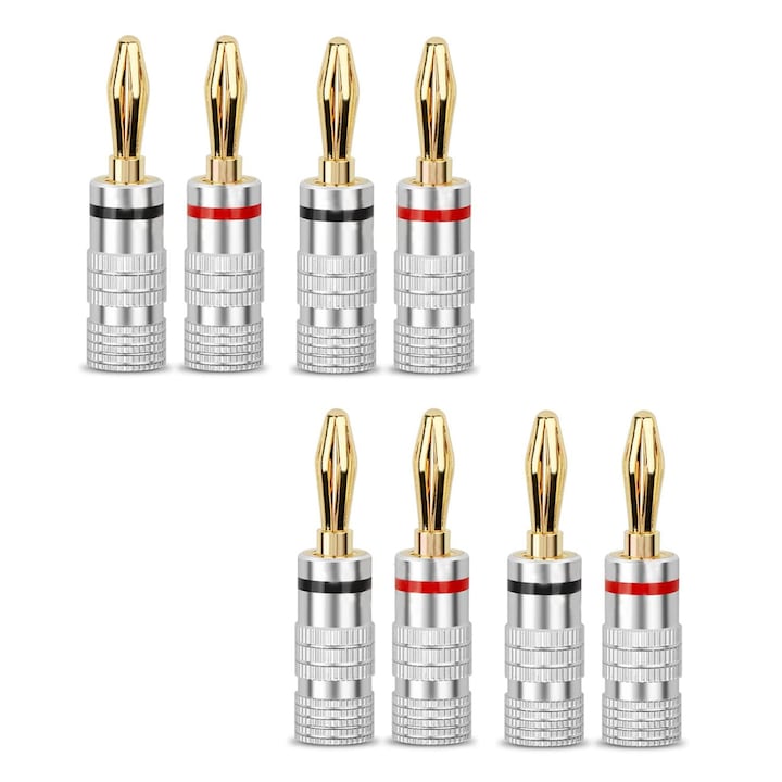 Set of 8 Banana Plugs for Speaker Cables, 12-18 AWG, 4mm, Silver/Gold