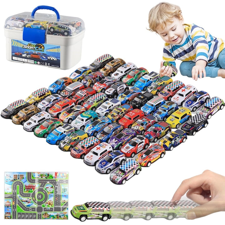Set 50 masinute pentru copii Noonedibs masina de curse de jucarie Push and Go Cu harta Frictiune Aspectul fierului Cutie de Depozitare pentru petrecere aniversare 3 ani+ 6.8cm Multicolor