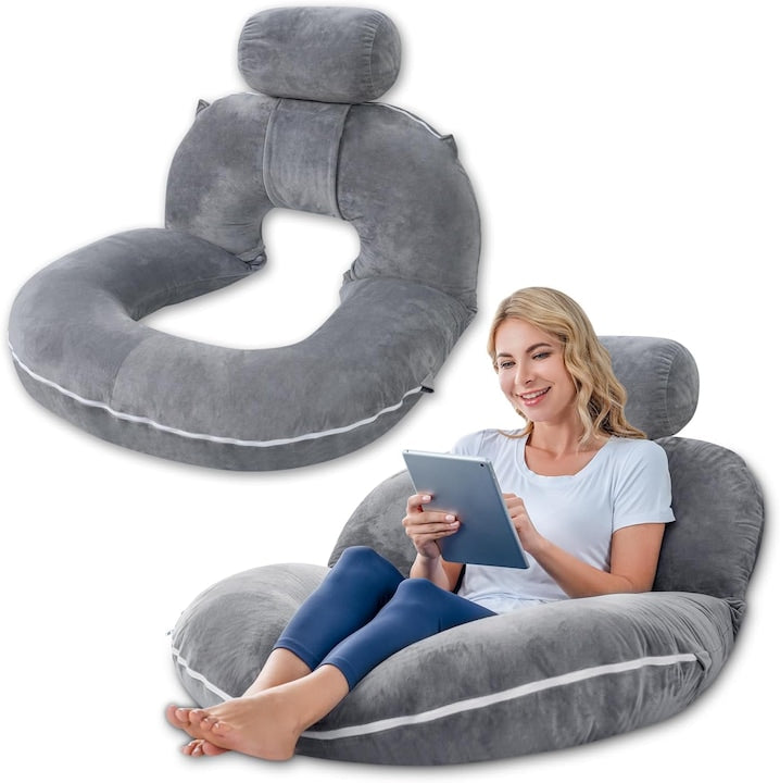 Wacorresi Pregnancy Pillow, Maternity Pillow, Detachable and Washable, Ergonomic Shape, Back, Leg, Belly, Hip Support for Pregnant Women, Polyester Fiber, Gray