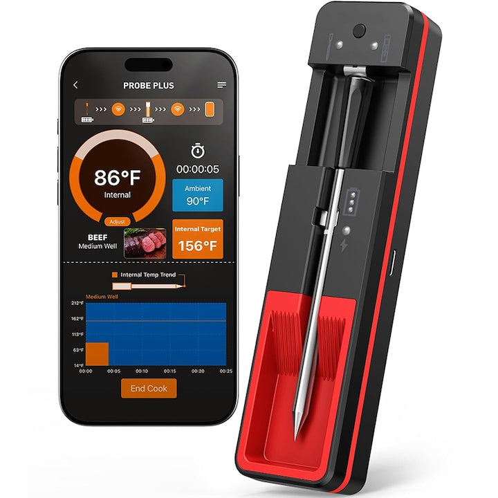 Termometru Inteligent Carne Rqiurpn Wireless Bluetooth Cu Aplicatie Telefon Baterie 1000mAh Pentru Cuptor Grill Tigaie Sonda rezistenta la apa IPX7 ermometru Digital Pentru Gatit Mancare
