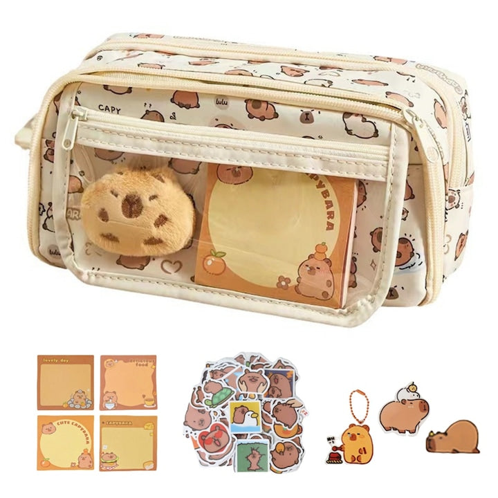 Set Penar scolar mare Cu 9 compartimente de depozitare Capybara cu papusa mica de plus autocolante blocnotes breloc si brosa Pentru rigla de 20 cm majoritatea creioanelor Panza 22x7x13 cm