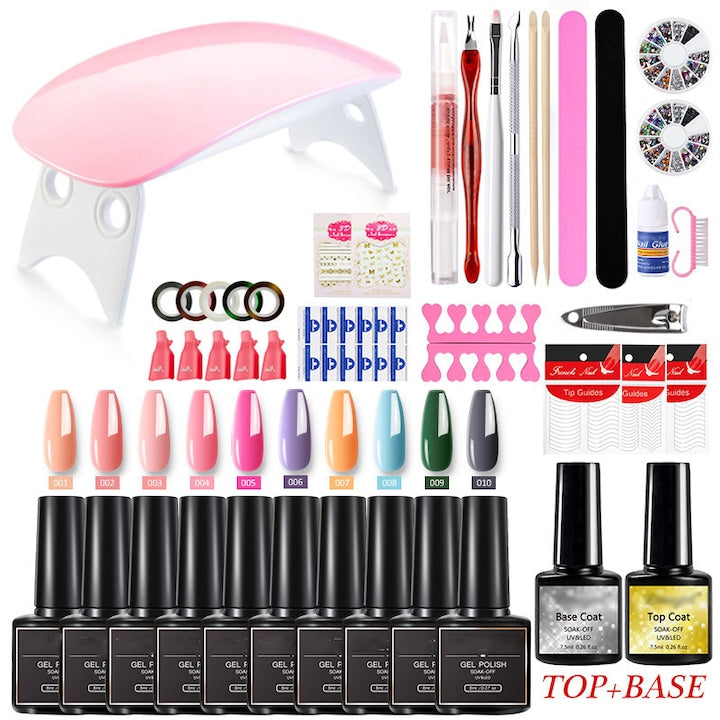 Kit unghii LimeGirl cu 10 lacuri gel 5 autocolante lampa portabila efecte mate lucioase glitter argintiu si auriu multicolor