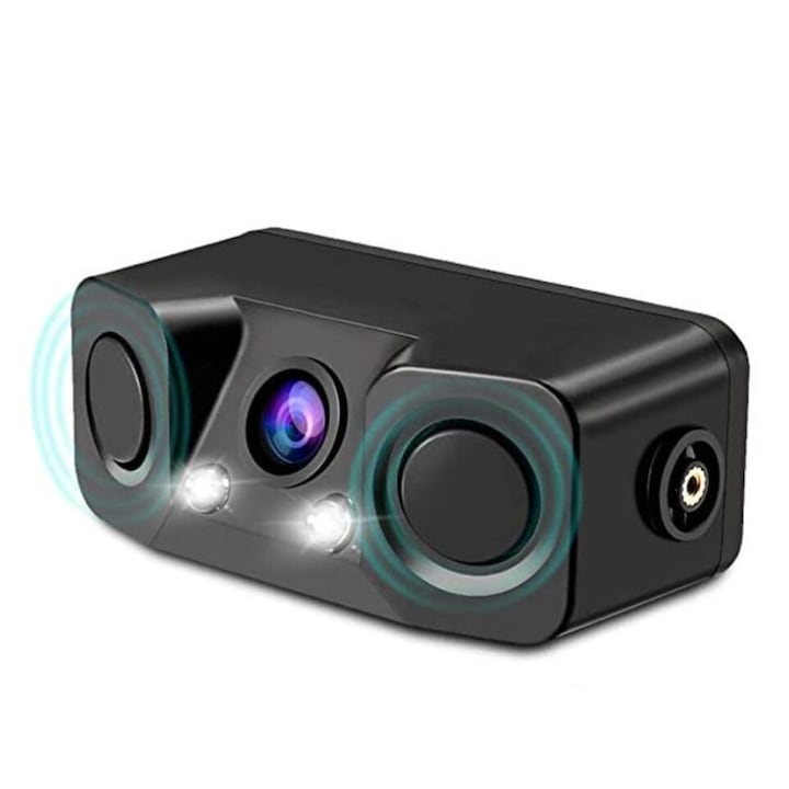 Senzor parcare 3 in 1 WALALLA cu 2 detectoare radar cu indicator luminos alarma sonor detectie distanta 0 3-2m unghi larg de vizualizare 170 grade functie de vedere pe timp de noapte negru