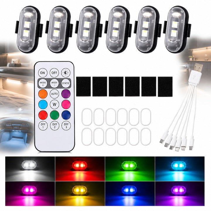 Set of 6 ZOUN LED Strobe Lights with Wireless Remote Control, Waterproof, with Velcro Strap, Various RGB Colors, 10 Operating Modes, Flashing Warning Lights, USB Rechargeable, Suitable for Cars, Motorcycles