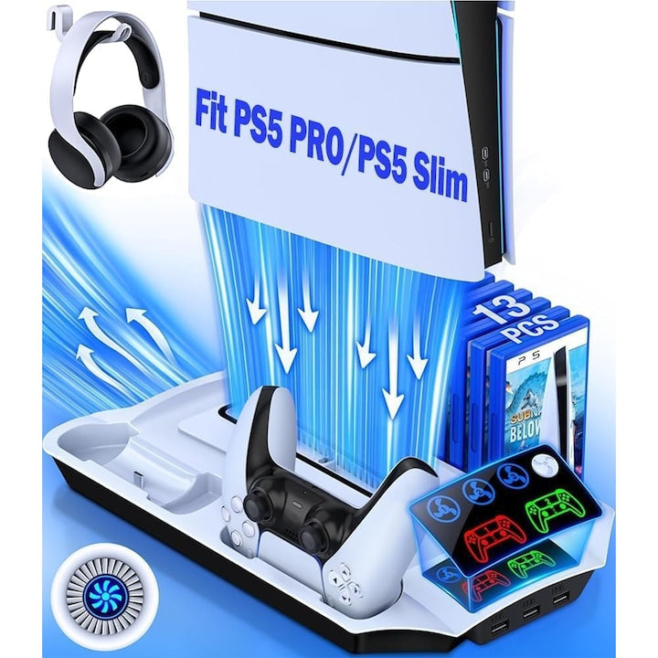 Stand si statie de racire multifunctional pentru PS5 / PS5 Slim / PS5 Pro Cu statie incarcare controlle dublu Suport pentru casti Ventilator de racire Afisaj LED Slot 13 discuri 3 porturi USB Compatibil cu PS5/PS5 Slim/PS5 Pro OUYLAF Alb