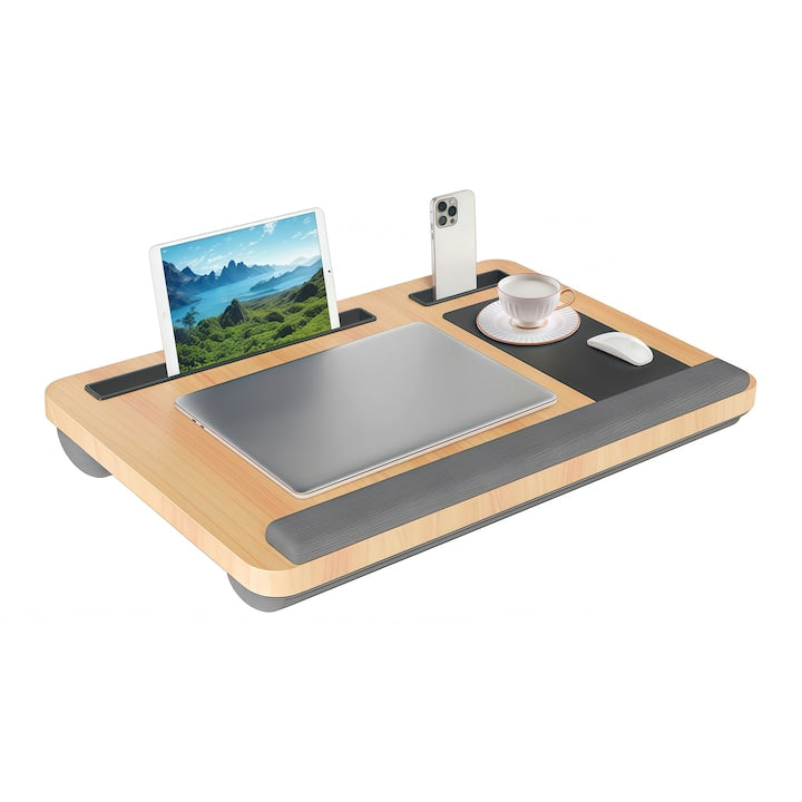 Masa laptop pentru poala cu mouse pad Wacorresi Masa laptop pentru poala cu Suport Telefon Perna Dubla Ergonomic Realizat Din Lemn cu Maner cu mouse pad pentru pat birou canapea masina greutate redusa 55x34x6cm Culoarea lemnului