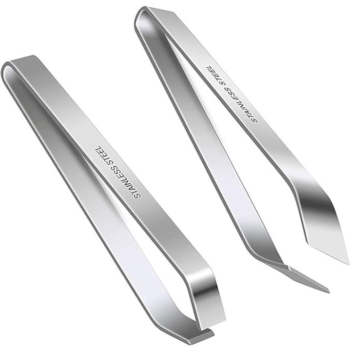 Set of 2 fish bone tweezers, stainless steel: Flat tip - 11x2.5x1.1cm, Slanted tip - 12x2.5x1.1cm, Portable, Silver